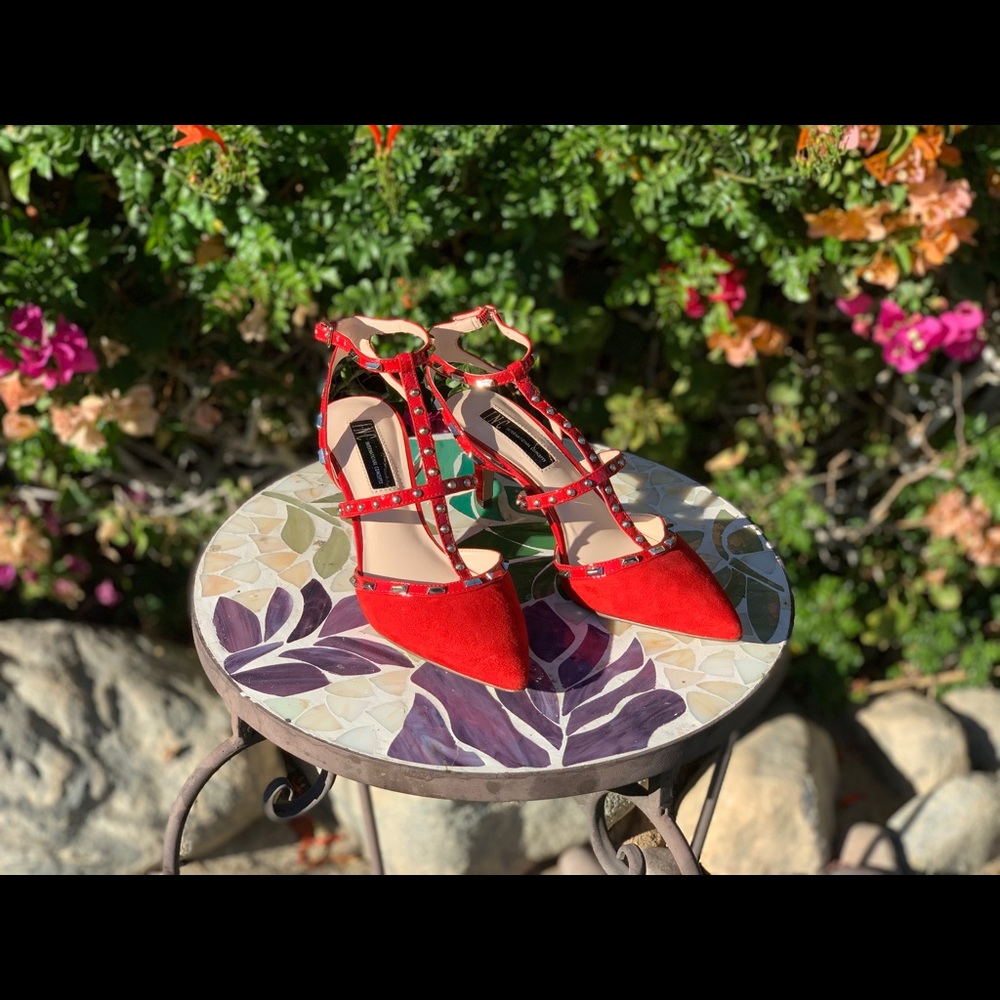 Red Studded Strappy Pointed Toe Pumps by I.N.C.